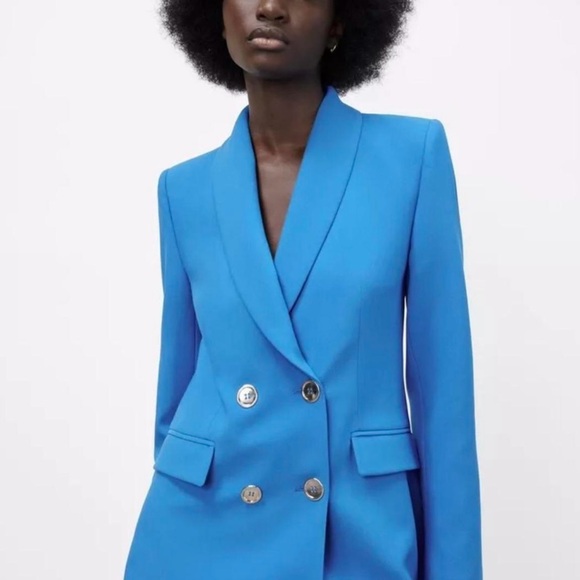 ZARA Blogger Fave Linen Turquoise Blazer Gold Button Oversize Bright Blue Medium - Picture 1 of 13